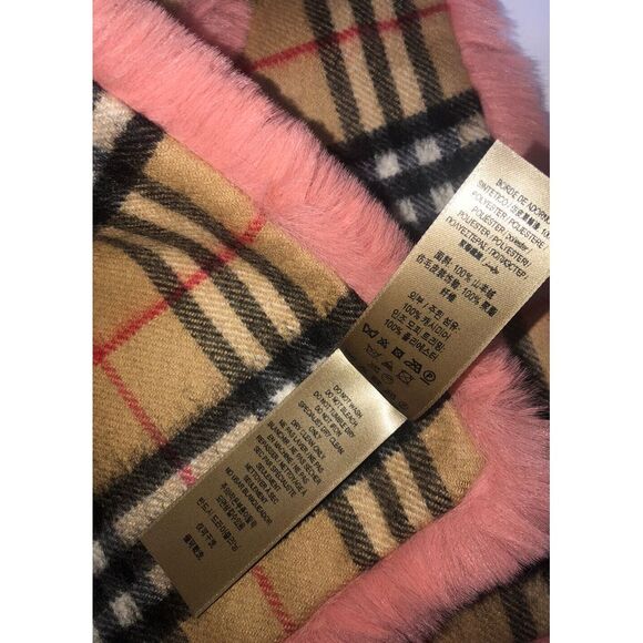 Burberry Vintage Check Cashmere Solid Pale Pink Faux Fur Scarf Italy New - Picture 11 of 11
